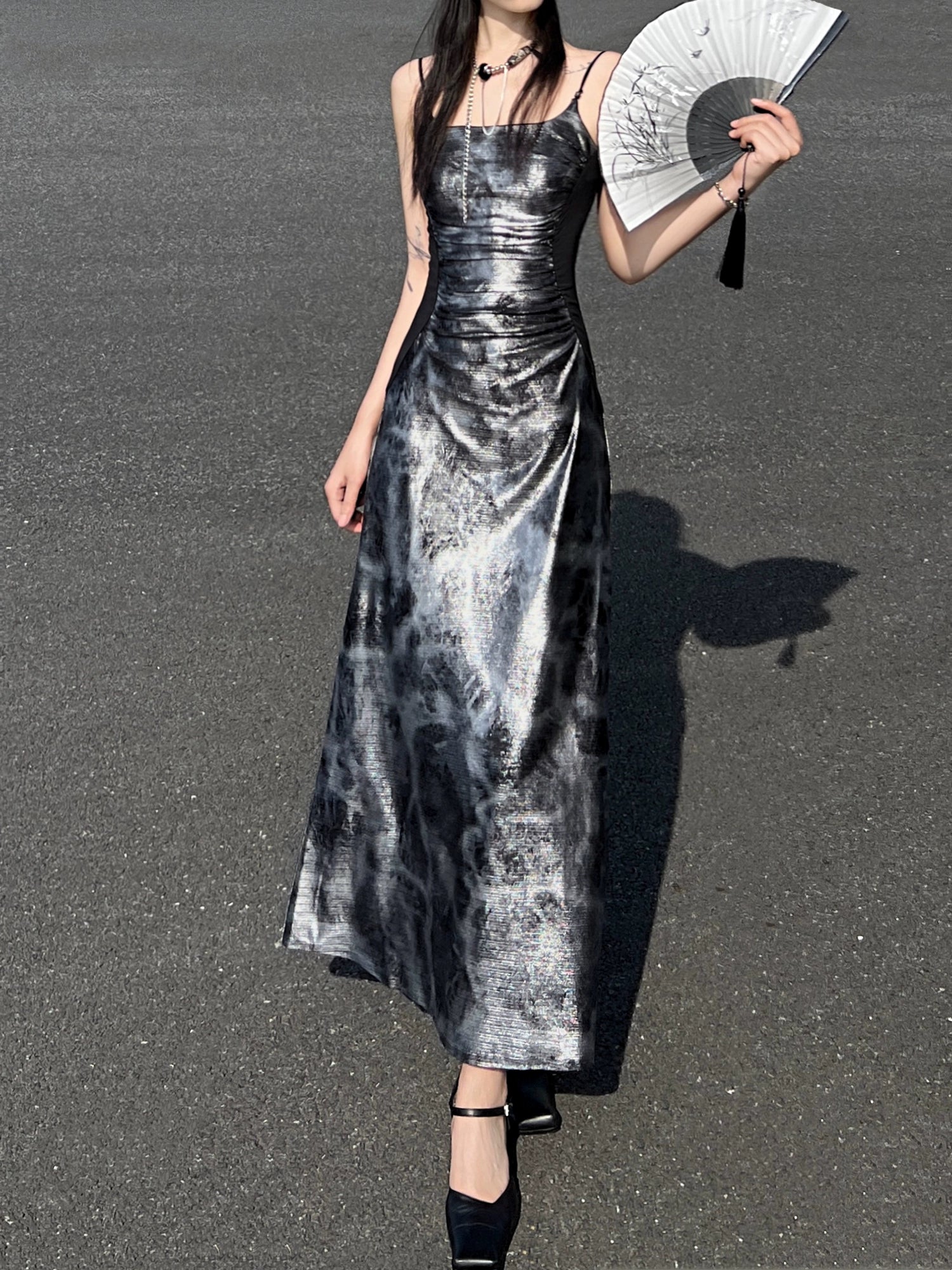 Glossy gray and silver new Chinese atmosphere Spice girl suspender dress Hot silver temperament long dress women
