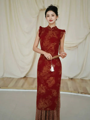 Lotus Step – Red Mermaid Qipao for Wedding, Engagement & Tea Ceremony - Yandan_Hanfu
