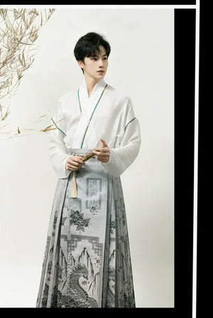 Unisex Modern Grey Hanfu Set – Cross-Collar Jacket with Brocade Ma Mian Skirt - Yandan_Hanfu