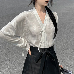 New Chinese Style | Black & White Shirt Women's Horse Face Skirt Suit - Yandan_Hanfu