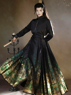 Four Divine Beasts Hanfu Set – Unisex Chinese Shirt & Brocade Horse-Face Skirt in New Style Design - Yandan_Hanfu