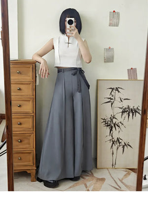 Tied Harmony – Unisex Wide-Leg Pants | New Chinese Style High-Waist Pleated Trousers with Belted Design - Yandan_Hanfu
