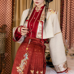 Lantern Banquet Red Hanfu Set – Women's Wedding Outfit with Woven Gold Mamian Skirt, New Chinese Style - Yandan_Hanfu