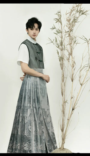 Unisex Modern Grey Hanfu Set – Cross-Collar Jacket with Brocade Ma Mian Skirt - Yandan_Hanfu