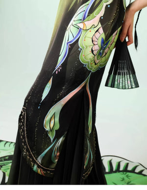 Verdant Sky Qipao – Black-Green Ombre Satin Cheongsam with Artistic Floral Print - Yandan_Hanfu