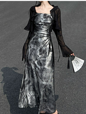 Glossy gray and silver new Chinese atmosphere Spice girl suspender dress Hot silver temperament long dress women - Yandan_Hanfu