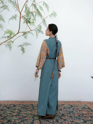 Qimeng – Tibetan-Inspired Women's Two-Piece Set | Cross-Collar Vintage Top & Long Skirt - Yandan_Hanfu