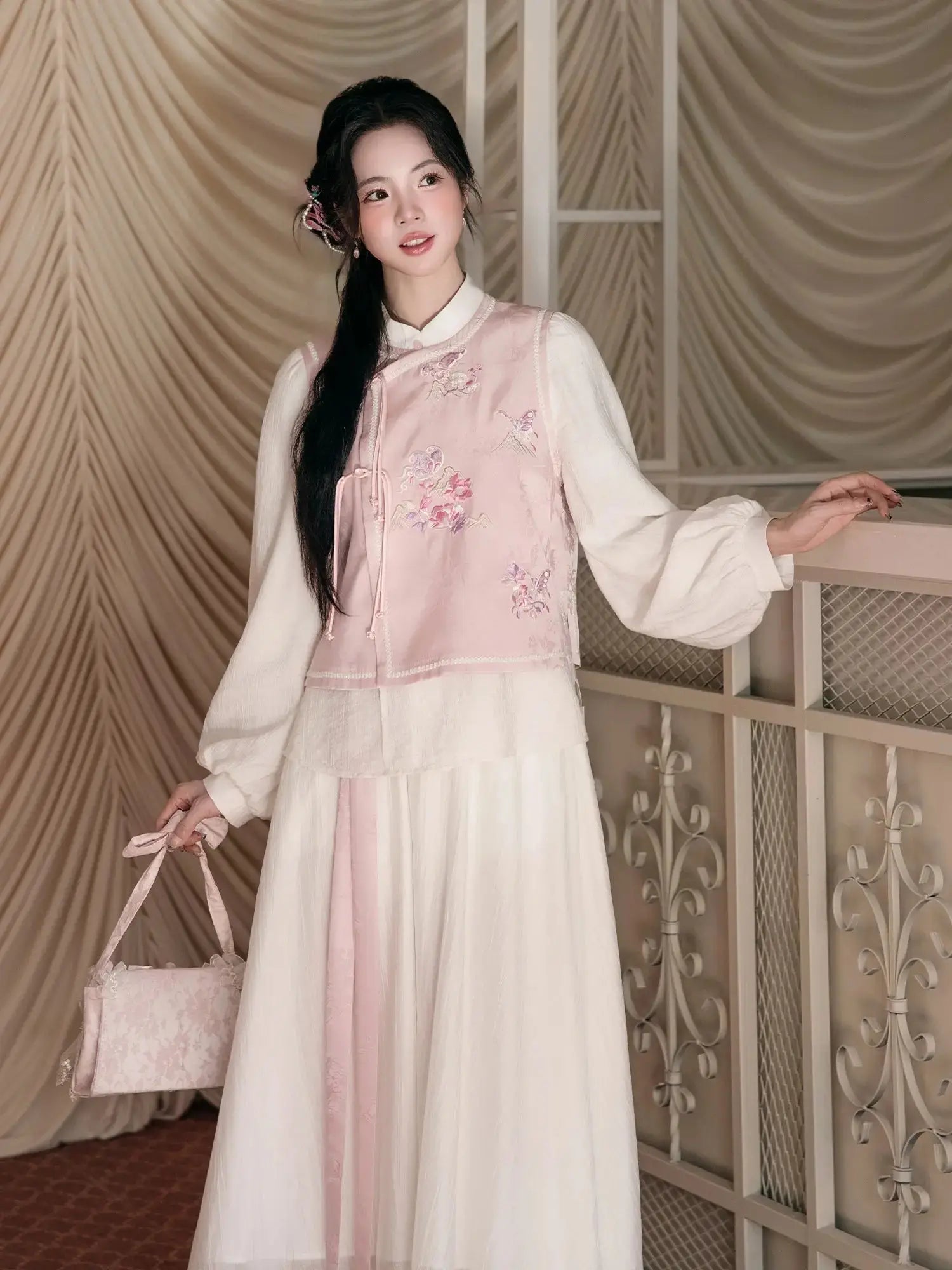 Silken Grace – Modern Hanfu Jacquard Dress Set | Stand-Collar Two-Piece Hanfu-Inspired Outfit with Midi Skirt