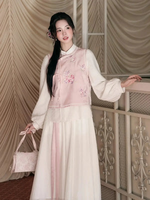 Silken Grace – Modern Hanfu Jacquard Dress Set | Stand-Collar Two-Piece Hanfu-Inspired Outfit with Midi Skirt - Yandan_Hanfu