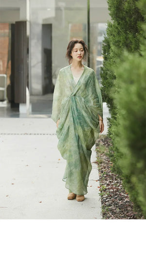 100% Ramie Modern Chinese Dress – Green Tie-Dye Print with Loose Silhouette & Camisole Layer - Yandan_Hanfu