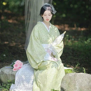 High-end lace Taisho Roman style modified kimono retro dress avocado green - Yandan_Hanfu