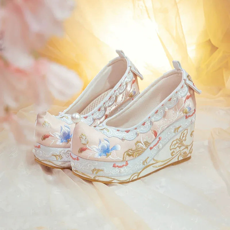 Hanfu Embroidered Heels – Women's Song-Style Qipao Shoes with Pearl Detail & 10cm Lift - Yandan_Hanfu