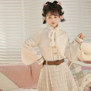 Pink Modern Hanfu-Inspired Outfit – New Chinese Top & Midi Skirt Set for Autumn/Winter - Yandan_Hanfu