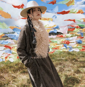 Trench Coat with Detachable Fur Collar | Reimagined Tibetan-Inspired Design - Yandan_Hanfu