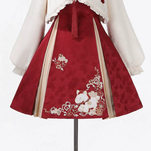 “Lucky Pony” – Red New-Year Hanfu Qipao Set | Modern Chinese Festive Outfit (Autumn/Winter) - Yandan_Hanfu