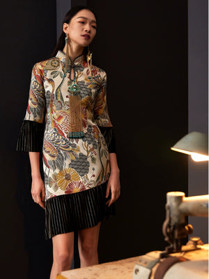 Retro cheongsam dress with jacquard floral patterns and velvet accents.
