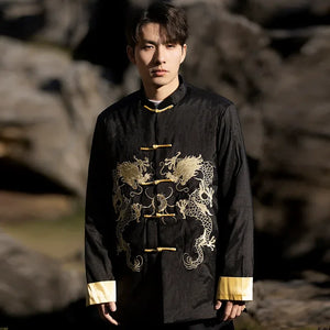 Chinese style dragon pattern embroidery retro Tang suit men's buckle winter cotton-padded jacket - Yandan_Hanfu