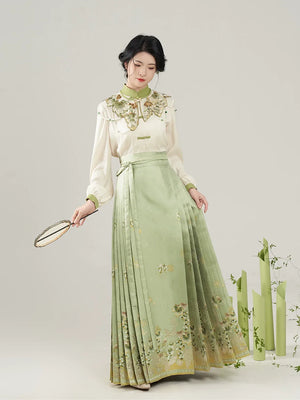 Sunshine Rose – Ming-Style Modern Hanfu Set | Embroidered Cloud-Shoulder Blouse & Floral Ma Mian Skirt - Yandan_Hanfu