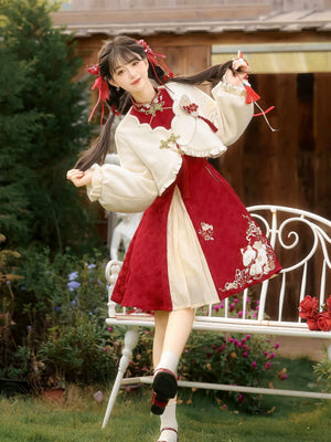 “Lucky Pony” – Red New-Year Hanfu Qipao Set | Modern Chinese Festive Outfit (Autumn/Winter) - Yandan_Hanfu