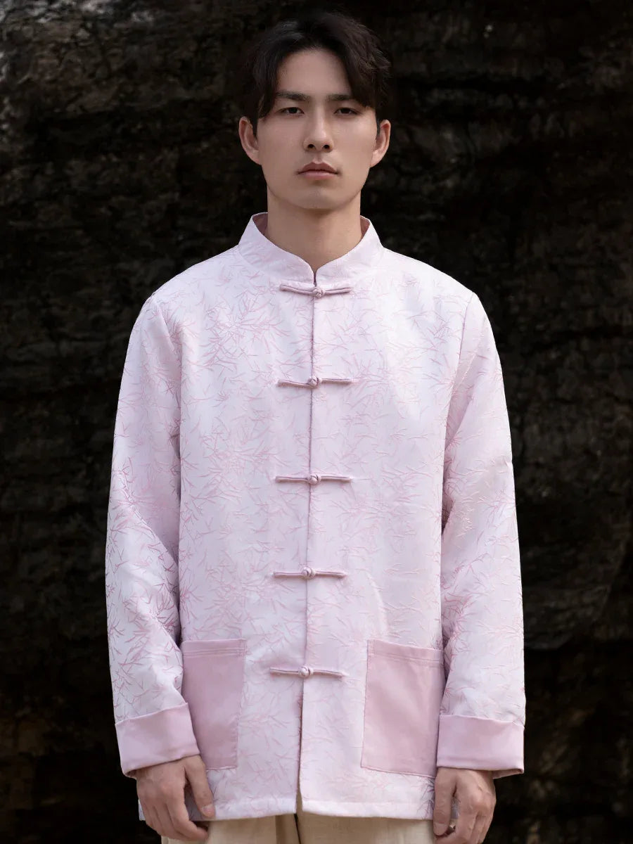 New Chinese style jacquard disc button top men's Tang suit【Pink&White】 - Yandan_Hanfu