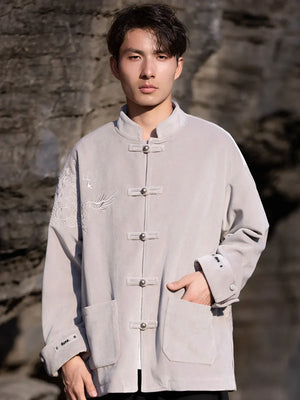 New Chinese Tang style men's button top autumn and winter coat golden velvet - Yandan_Hanfu