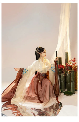 Wei Jin | Hanfu Women's Blue & Red Princess Dress Waist-length Broken Skirt Embroidery Suit - Yandan_Hanfu