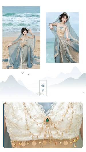 Close-up of Dunhuang Goddess Hanfu Dress details, featuring lace, beads, and gold embroidery for summer traditional wear.