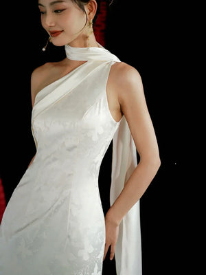 "Pianrou" White Jacquard Ribbon Morning Gown Knot Bridal Toast Dress Engagement Banquet Bar Mitzvah - Yandan_Hanfu