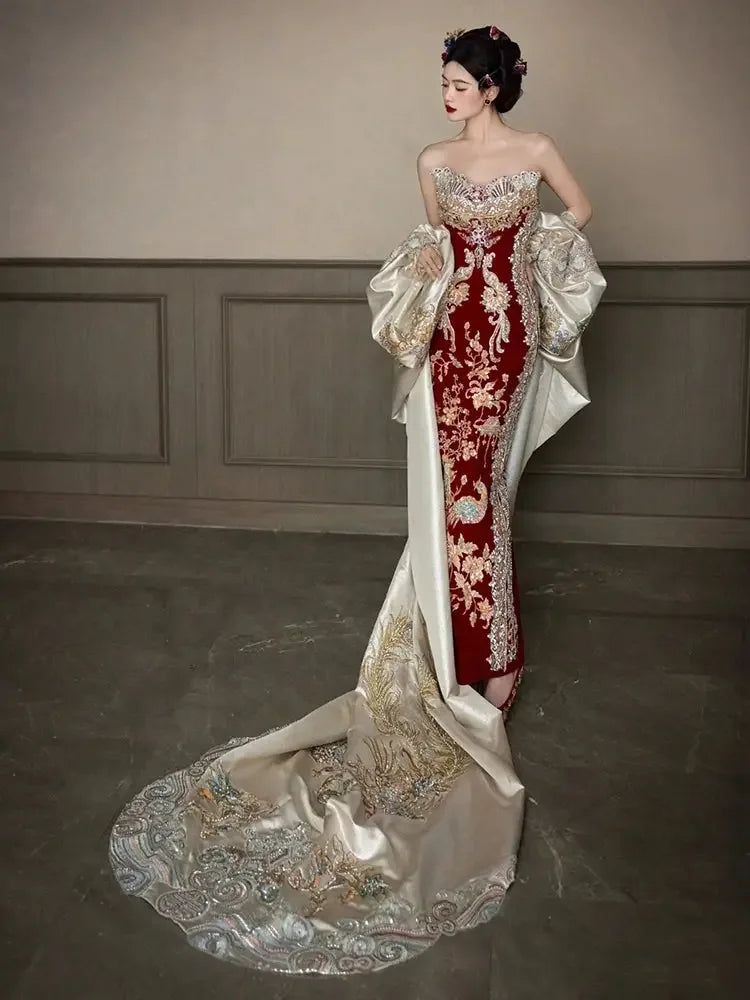 open lace back dress Scarlet Promise – Luxury Modern Red Bridal Qipao Red [Back Adjustable Strap Model] / S
