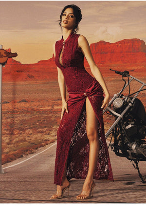 【Rebellious】 Red dress new Chinese cheongsam lace dress waist split stand-up collar Spice girl dress - Yandan_Hanfu