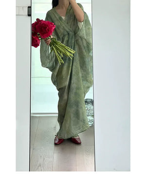 100% Ramie Modern Chinese Dress – Green Tie-Dye Print with Loose Silhouette & Camisole Layer - Yandan_Hanfu