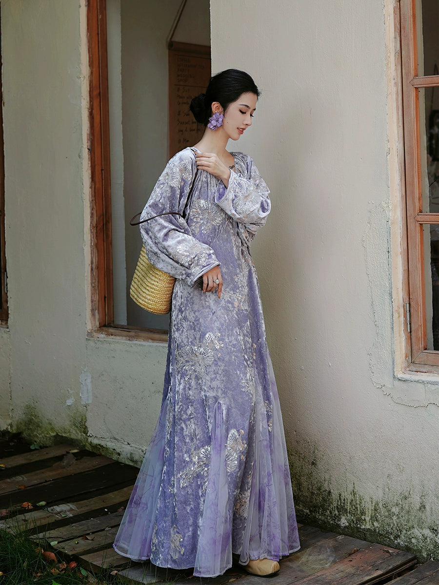 Modern Oriental Dress in Heavy Silk Velvet | Intricate Bead and Sequins Embroidery