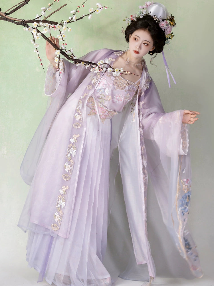 Elegant Purple Hanfu women's Song Dynasty embroidered big-sleeved shirt featuring sheer fabric and intricate floral embroidery.
