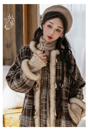 Amber Grace – Modern Hanfu Women's Autumn/Winter Set | Ming-Style Round-Collar Wool Coat with Plaid Song-Inspired Pants - Yandan_Hanfu
