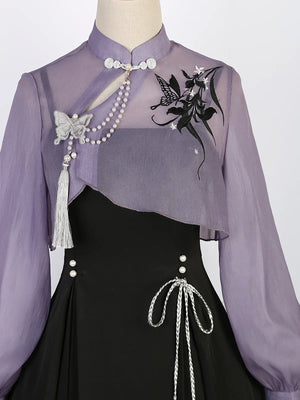 Iris ink butterfly girl exquisite fringed Han element sweet purple cheongsam fairy dress - Yandan_Hanfu