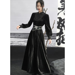 New Chinese Style | Black Lace Dress Women's Stand-up Collar Waist Slimming Long Skirt - Yandan_Hanfu