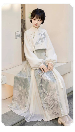 Graceful Lixiang Hanfu women's dress set in light green and cream, featuring floral embroidery and pleated details for spring and autumn.