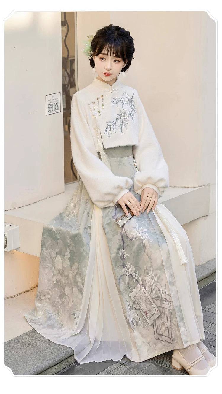 Graceful Lixiang Hanfu women's dress set in light green and cream, featuring floral embroidery and pleated details for spring and autumn.