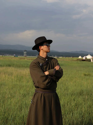 Premium Traditional Mongolian Robe for Men — Hand-Fastened, Solid Twill Design - Yandan_Hanfu