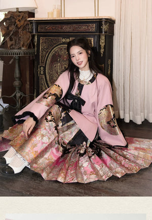 Spring Mountain Dragon – New Chinese Style Hanfu Set | Brocade Ma Mian Skirt with Embroidered Cape and Floral Gold Weave - Yandan_Hanfu