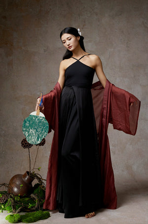 Elegant wine red sheer tencel cardigan for classical dance, model holding green patterned circular fan