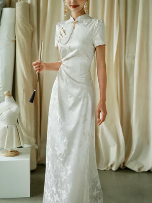 "Kite Butterfly" White Jacquard Cheongsam Bridal Toast Dress Engagement Dress - Yandan_Hanfu