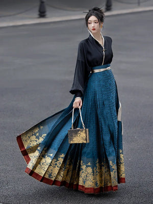 Black&Blue Modern Hanfu | 6-meter-high daily Hanfu suit slimming and long horse-mamian skirt - Yandan_Hanfu