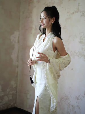 "Qianzhi" white embroidered shawl showing thin backless cheongsam bride wedding dress toast engagement - Yandan_Hanfu