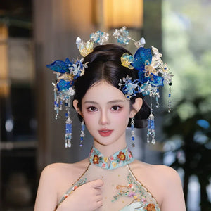 Blue Floral Chinese Bridal Hairpin Set – Elegant Hanfu & Qipao Headpiece for Wedding - Yandan_Hanfu