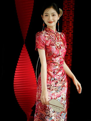 Yue Xi – Red Embroidered Jacquard Qipao for Wedding, Engagement & Tea Ceremony - Yandan_Hanfu