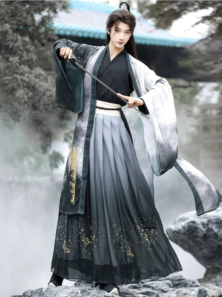 Golden Steps – Ink Bamboo & Butterfly Traditional Hanfu | Unisex Wei-Jin & Song Style Cross-Collar Wide-Sleeve Set