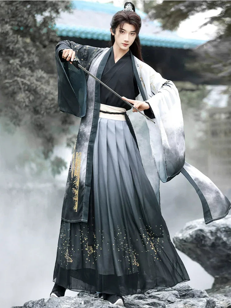 Golden Steps – Ink Bamboo & Butterfly Traditional Hanfu | Unisex Wei-Jin & Song Style Cross-Collar Wide-Sleeve Set - Yandan_Hanfu