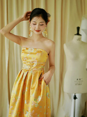 "Yunjing" yellow jacquard pregnant woman cheongsam bride toast dress - Yandan_Hanfu