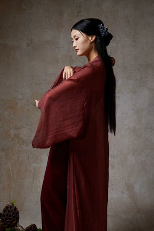 Wine red sheer cardigan, flowing traditional outfit
